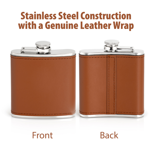 Maxam 6oz Stainless Steel Flask with Brown Genuine Leather Wrap -