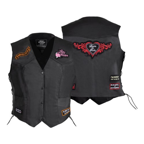 Women's Biker Leather Concealed Carry Vest with side Laces and Patches - Medium