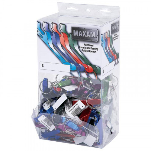 Maxam 100pc Aluminum Bottle Opener Keychains in Countertop Display