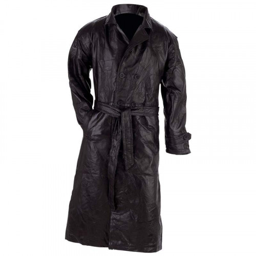 Italian Stone Design Black Leather Trench Coat - Size X-Large