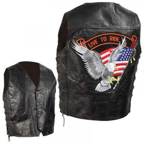 "Live to Ride" Biker Vest in Leather with Eagle and Stars and Stripes Patch - Size 4X