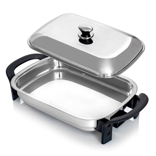 16-Inch Electric Skillet - Rectangular Stainless-Steel Pan with Cover