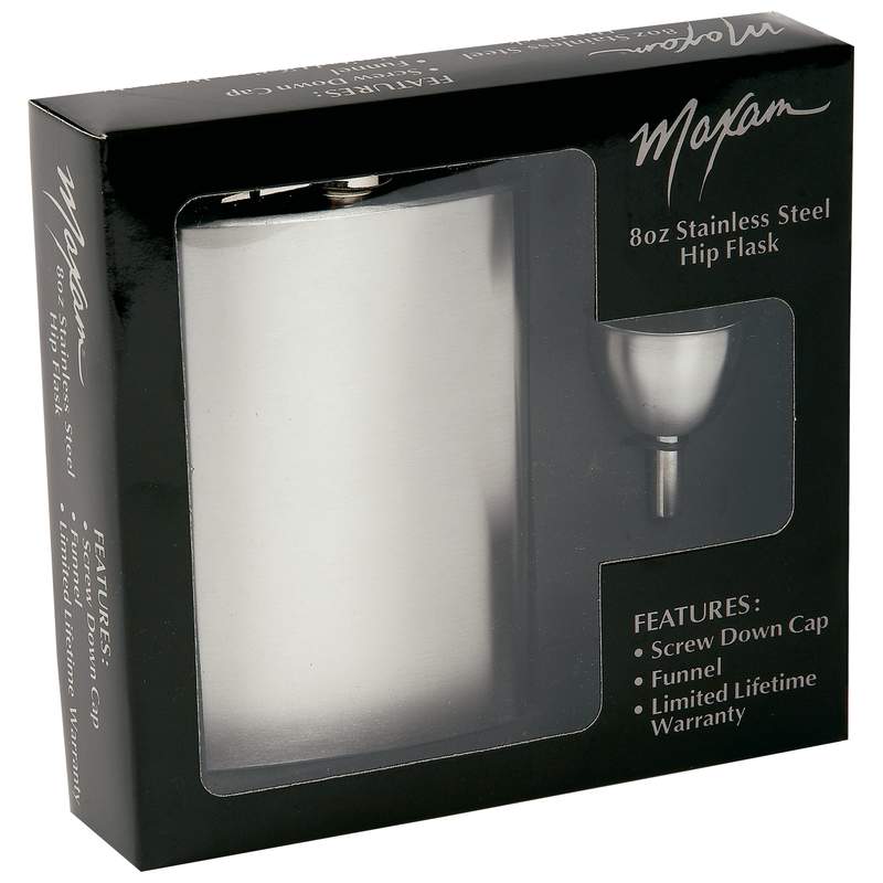 Maxam 8oz Brushed Finish Stainless Steel Flask and Funnel in Gift 