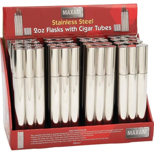 Maxam 16pc 2oz Stainless Steel Flask with 2 Cigar Tubes in Display