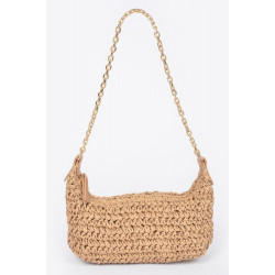 Faux Straw Zip Linked Shoulder Clutch