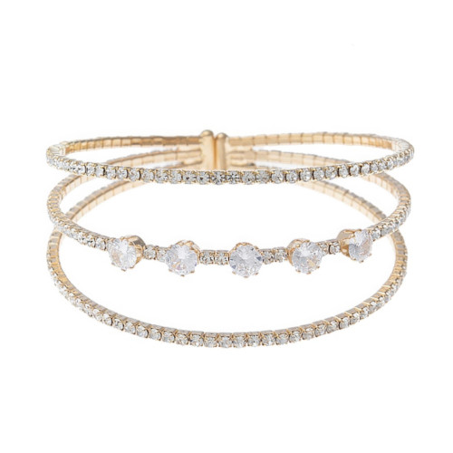 Crystal-studded Cubic Zirconia 3line 1row Round Cuff Bracelet - CC-57734