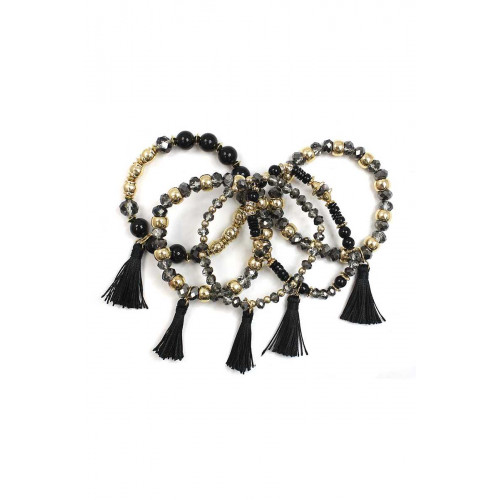 Crystal Stone Ball Bead Tassel Stretch Bracelet Set - Designer Style - CC-55856