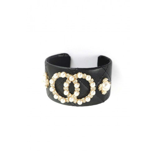 Style Pearl Double Round Studded Faux Leather Cuff Bracelet - Designer Style - CC-54957