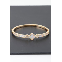 Gold Plated Pearl And Cz Pave Clover Bangle Bracelet