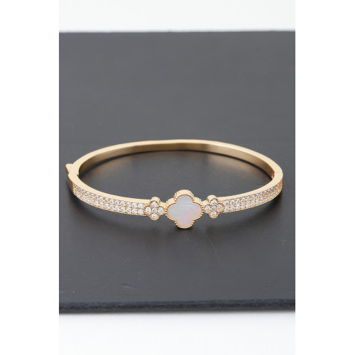 Gold Plated Pearl And Cz Pave Clover Bangle Bracelet - Designer Style - CC-WH2001189