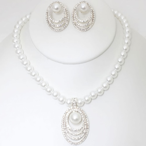 Crystal-studded Pearl Necklace And Earring Set - CC-58293