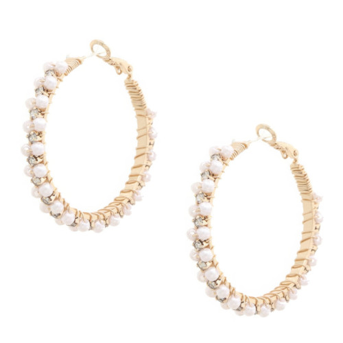 Pearl Bead Crystal-studded Wire Wrapped Hoop Earring - CC-58395