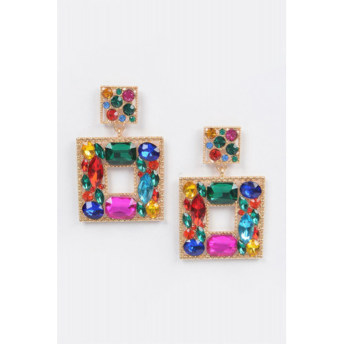 Double Square Bejeweled Earring - Designer Style - CC-WH2001117