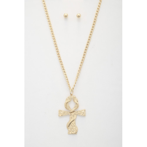Snake Wrap Cross Pendant Curb Link Necklace - Designer Style - CC-57196