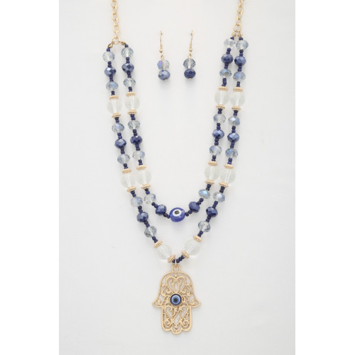 Hamsa hand pendant beaded layered necklace - Designer Style - CC-57202