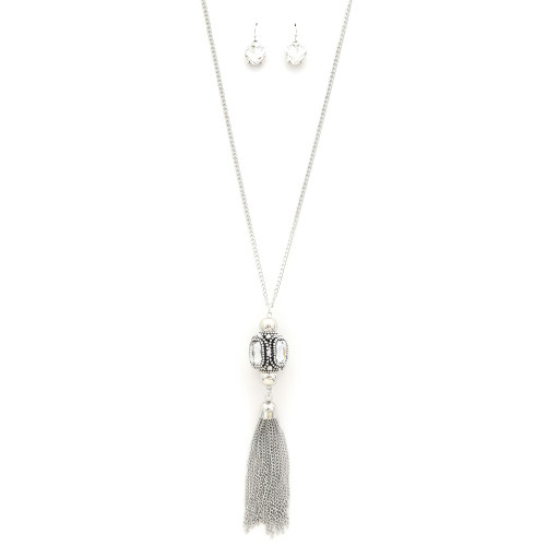 Cube Crystal-studded Linked Tassel Necklace - CC-58187