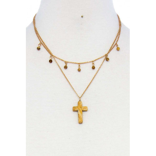 Double Layered Cross Pendant Linked Necklace - CC-51600