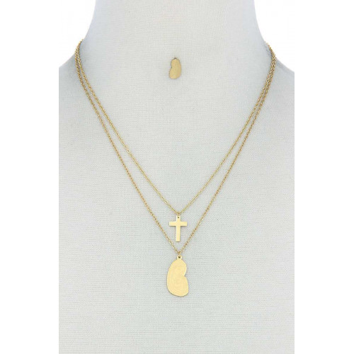 Stylish Double Layer Cross And Mary Necklace And Earring Set - Designer Style - CC-51124