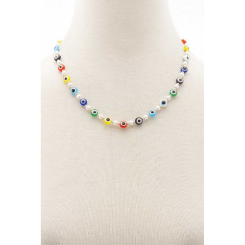 Evil Eye Pearl Bead Necklace - Designer Style - CC-55707