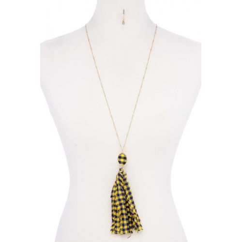 Checkered Pattern Fabric Tassel Necklace - Designer Style - CC-52745