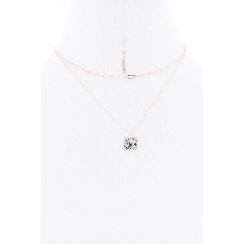 2 Layered Linked Alloy Square Marbling Stone Pendant Necklace - CC-52972