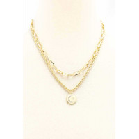 2 Layered Metal Chain Round Pendant Necklace