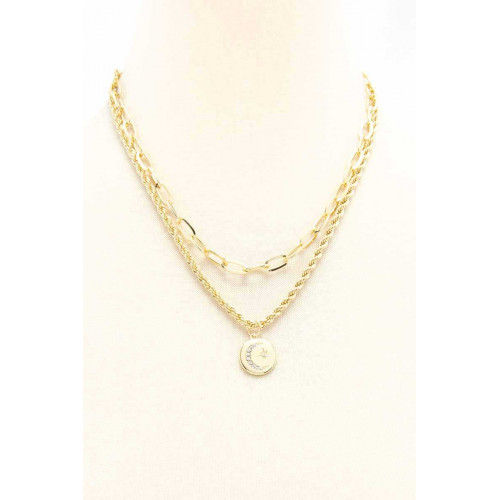2 Layered Alloy Linked Round Pendant Necklace - CC-54206