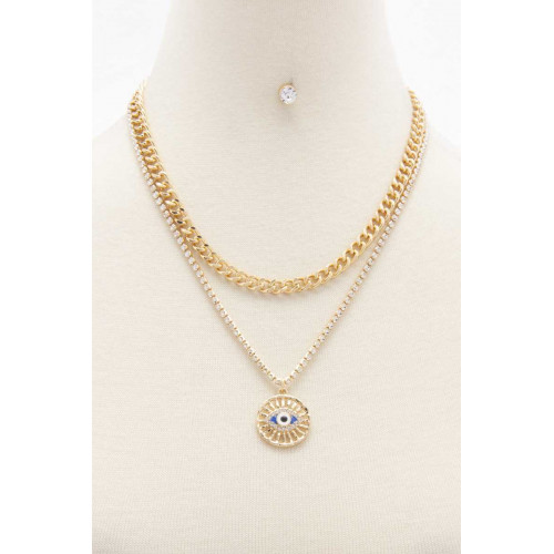 Eye Charm Crystal-studded Layered Necklace - CC-55389