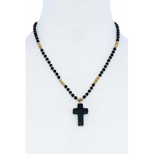 Chic Beaded And Cross Pendant Necklace - Designer Style - CC-51551