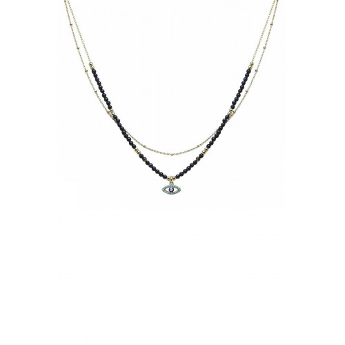 2 Layered Alloy Seed Bead Evil Eye Pendant Necklace - CC-55023