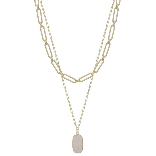 2 Layered Alloy Linked Stone Pendant Necklace - CC-55620