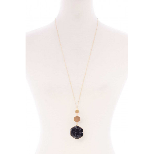 Marbling Natural Stone Pendant Long Necklace - Designer Style - CC-52513