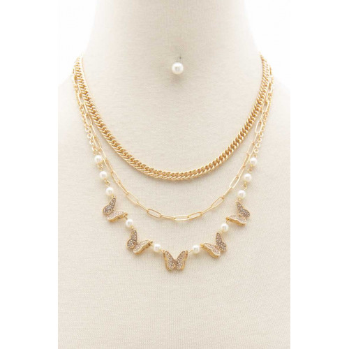 Butterfly Charm Oval Link Layered Necklace - Designer Style - CC-55926