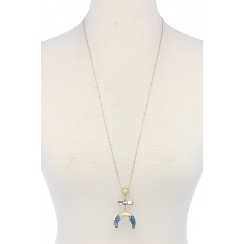 Double horn natural stone pendant necklace - Designer Style - CC-36948