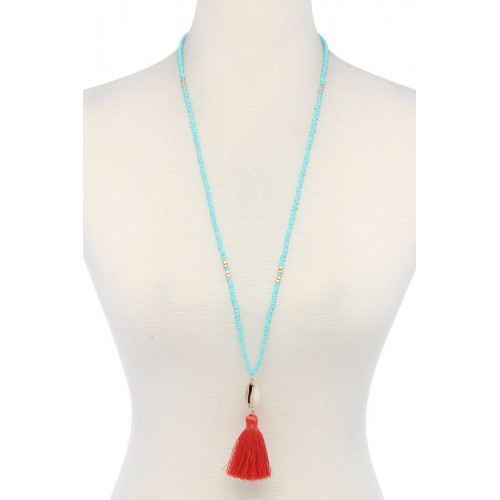 Cowrie Shell Tassel Beaded Necklace - Designer Style - CC-38012