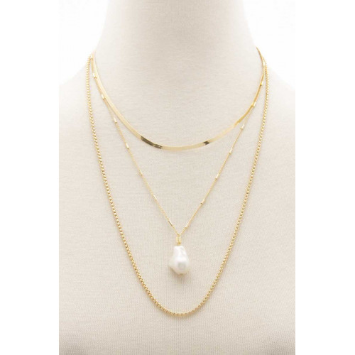 Pearl Herringbone Link Layered Necklace - Designer Style - CC-55849