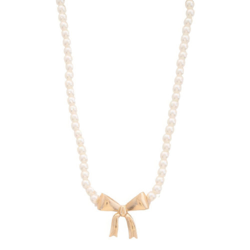 Pearl Ribbon Bow Pendant Necklace - Designer Style - CC-58800