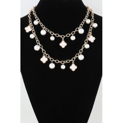 Double Pearled Clover Linked Necklace - CC-WH2001421