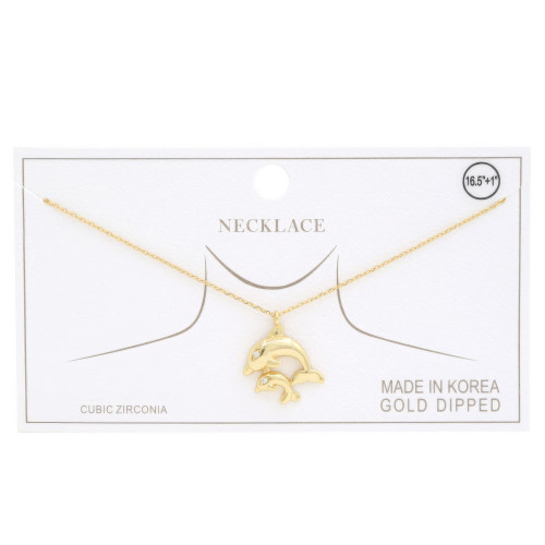 Double Dolphin Charm Gold Dipped Necklace - Designer Style - CC-58709