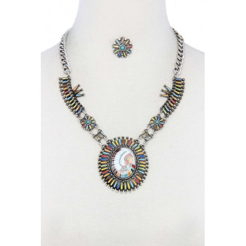 Multi Color Indigenous Pendant Necklace - Designer Style - CC-40234