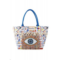 Evil Eye Boho Print Pom Pom Fringe Tote Bag
