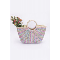 Faux Straw Multi Color Round Handle Tote Bag
