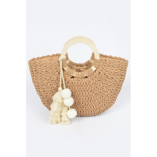 Woven Cotton Wood Handle Tote Bag - CC-WH2002219
