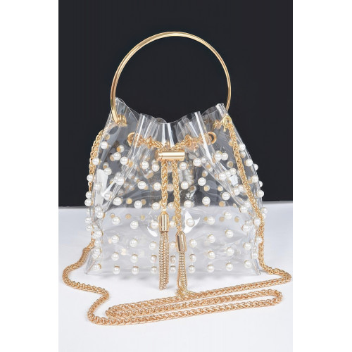Clear Pearl Stud Bucket Bag W/chain Tassle - CC-WH2002224
