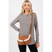 Fleece Trimmed Solid Crossbodybag Adjustable Strap