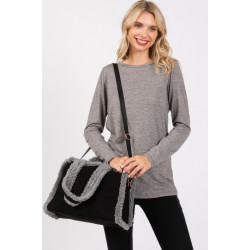 Fleece Trimmed Solid Tote And Crossbody Bag