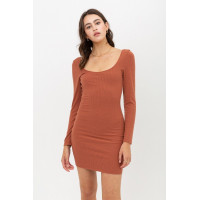 U Neck Of Front And Back Side, Basic Rib Dress With Long Sleeve
