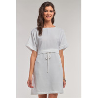 Off-white Short Sleeve Relaxed Fit Draw String Tie Waist Detail Mini Dress