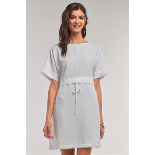 Off-white Short Sleeve Relaxed Fit Draw String Tie Waist Detail Mini Dress