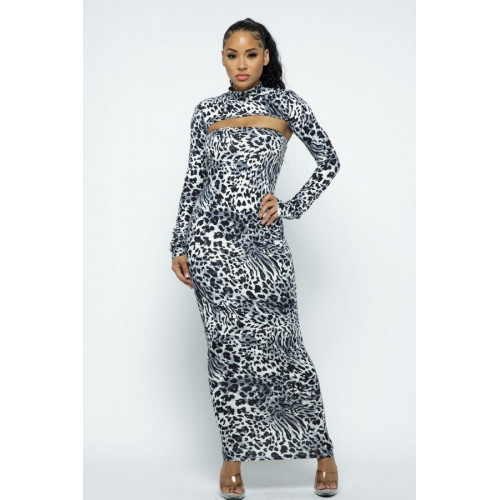 Mock Neck Long Sleeve Thumb In Top With Tube Top Long Dress Set